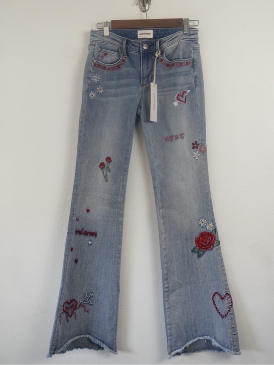 DRIFTWOOD Denim - DRIFTWOOD Light Blue Flare Jeans with Red & Green Embroidered Roses & Hearts